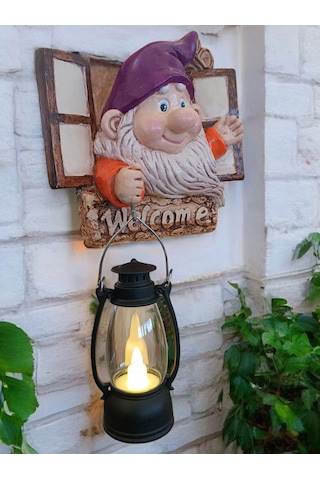 1 Adet Dekoratif Duvar Ve Bahçe Süsü Fenerli Sevimli Cüce Mor