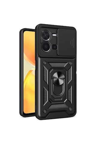 Vivo Y35 Kılıf Magnetik Standlı Kamera Korumalı Zore Sürgülü Vega Kapak - Siyah