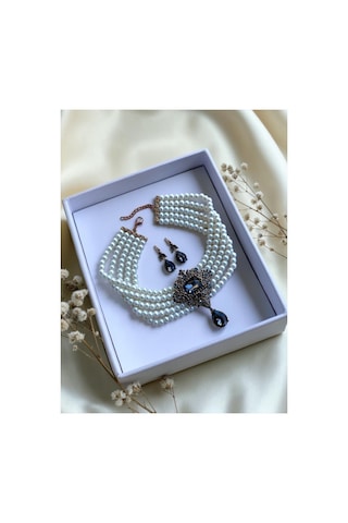 Baget Ve Su Damlası İnci Choker Tasma Kolye Ve Küpe Seti Beyaz