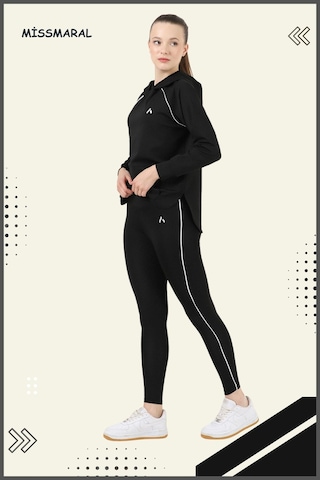 Kadın Eşofman Takım Siyah Üst Tunik & Siyah Regular Fit Lycralı Tayt Dalgıç Kumaş Aktif Spor 3060 Siyah Beyaz Şeritli