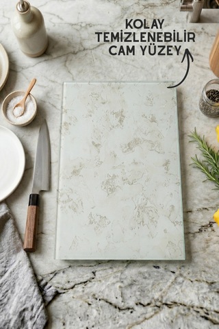 Nora Model İnce Mermer Desenli Cam Kesim Tahtası - 25x35cm - Dayanıklı Ve Pratik Kesim Matı Ekru