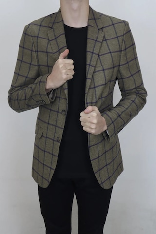 Moda Dmctekstil Erkek Haki Yeşil Ekose Kareli İtalyan Kesim Dar Kalıp Çift Düğme Kışlık Blazer Ceket