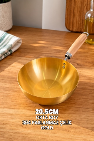20.5cm Gold Tava Orta - Japon Stil Gold Wok Tava - Tam Yuvarlak Tava - 304 Paslanmaz Çelik Profesyonel Ahşap Saplı