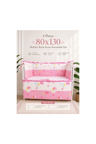 80x130 Mobilya Beşik Korumalık Seti - 4 Parça Rüya Serisi Pembe Fırfırlı
