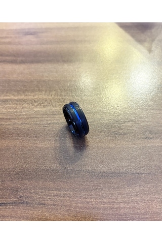 Erkek Siyah Renk Mavi Çizgi Detay Tungsten Yüzük Siyah - Mavi