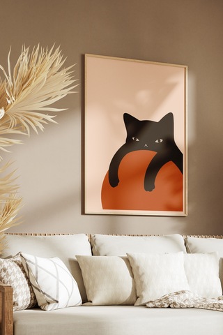 Siyah Kedi Eğlenceli Dekoratif Tasarım Poster Tablo Ahşap Çerçeveli