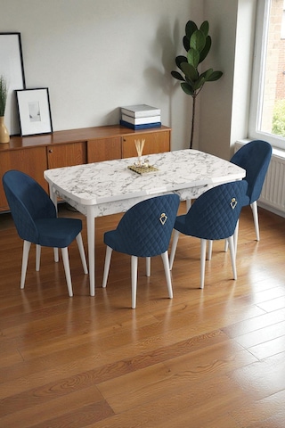 Mura Beyaz Mermer 80x132 Açılabilir Mdf Masa Yemek Odası Takımı, Mutfak Takımı 4 Adet Sandalye Lacivert
