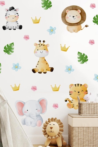 MSticker Suluboya Renklerinde Safari Hayvanları Yapraklar Ve Çiçekler Duvar Cam Dolap Sticker Seti