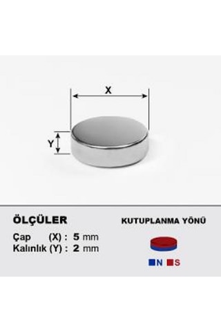 100 Adet Çap 5Mm X Kalınlık 2Mm Silindir Güçlü Neodyum Mıknatıs N11.2447
