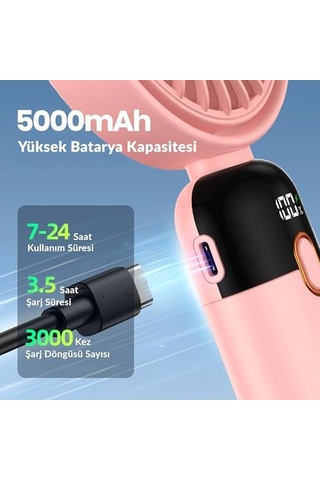 K70 Taşınabilir Şarjlı El Vantilatörü 2400mah 360 Döner Başlıklı Ve Standlı Dijital Ekranlı Soğutucu Fan Pembe