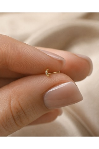 14 Ayar Altın Taşlı Hilal Model Hızma Burun Piercing