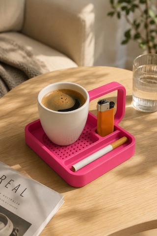 Kahve Sunum Tepsisi Çok Bölmeli Masa Üstü Organizer Kupa Fincan Standı Pla 12.5x11x7 Cm Pembe