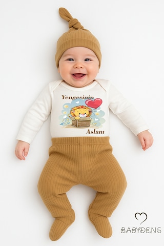 Babyden's Yengesinin Aslanı 3 Lü Bebek Takımı Pamuklu Fitilli Kumaş Uzun Kollu Zıbın, Patikli Pantolon, Şapka Açık Kahverengi