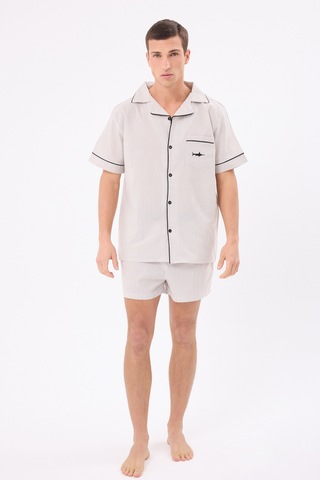 L'espadon Marısılk Seastrıpe Erkek Yazlık Şortlu Gömlekli Pijama & Lounge Takımı-3175 Bej