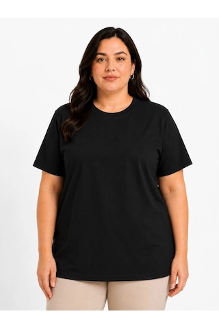 Primemagazam Kadın Battal Big Size Basic Tişört Bisiklet Yaka Rahat Kalıp T-shirt - Siyah Çeşitli