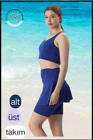 Kadın Takım Alt - Üst Biker Şort Diz Üstü &crop Bra Ped Destekli Denizde Havuzda Sporda Mavi Mavi