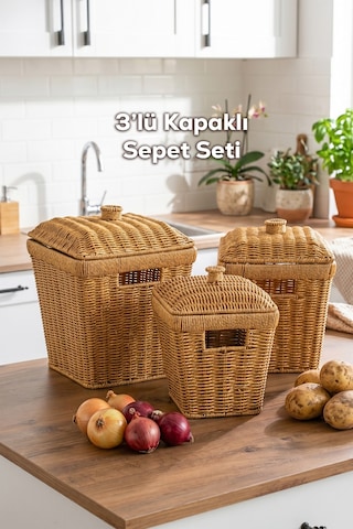 Porsima Pbt-919 3lü Hasır Sepet Kapaklı Bambu Sepet Seti Dekoratif Banyo Mutfak Düzenleyici Patates Soğan Sepeti Organizeri Ahşap