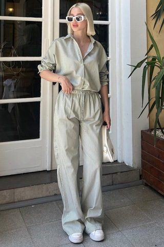 Madmext Yeşil Uzun Kollu Çizgili Gömlek Pantolon İkili Takım Mg2124-yeşil Yeşil