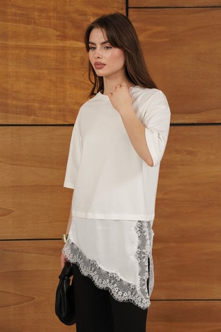Verymoda Dantel Ve Saten Detaylı Asimetrik Tişört D2942 Krem