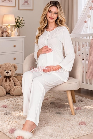 Quilling Lady Ekru Renkli, Dantel Detaylı 33209 Uzun Kol, 2 Parça Lohusa Hamile Pijama Takımı M - L
