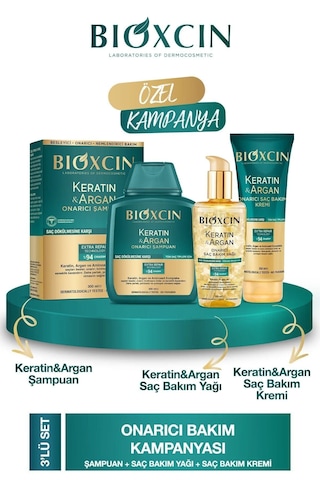 Keratin & Argan Onarıcı Şampuan 300ml + Keratin Argan Saç Bakım Yağı + Saç Kremi Tüm Saç Tipleri