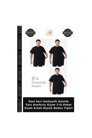 Astrid T Özel Seri Hediyelik Günlük Tarz Konforlu Giyim 3'lü Paket Siyah Erkek Büyük Beden Tişört Siyah-3