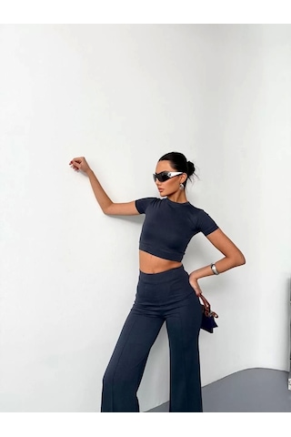 Mzpkartan Osy Modal Yumuşak Dokulu Kumaş Kısa Kollu Crop Alt İspanyol Paça Pantalon İkili Takım - Füme Füme