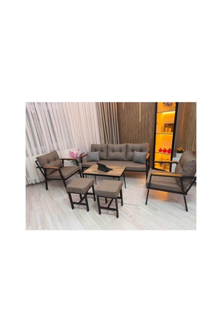 Houseart Balkon, Bahçe - Metal Kanepe Koltuk Takımı 3+1+1 + 2 Adet Puf + Sehpa Cappuccino