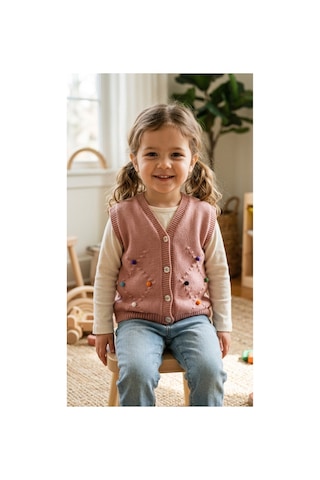 Deniva Kids Kız Çocuk Pudra Pembe Ponpon Detaylı V Yaka Düğmeli Örgü Yelek