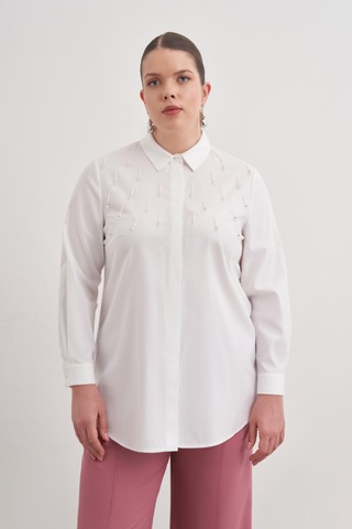 Aker İşlemeli Cotton Gömlek Beyaz Beyaz