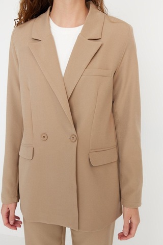 Ersefa Tarz Kadın Modern Moda Yüksek Bel Boru Paça Ceket Yaka Blazer Cek Vizon