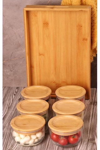 Duo 300 Ml Silikonlu Bambu Kapaklı Cam Kahvaltılık Lüx Kahvaltılık Sunum Seti Kahverengi
