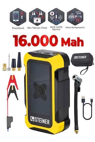 Steiner 16.000 Mah 4'ü 1 Arada 10 Bar Dijital Göstergeli Powerbank Led Fener Şarjlı Akü Takviye Cihazı Hava Kompresörü Sarı