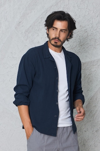 Blayn Jeans Erkek Uzun Kollu Keten Görünümlü Gömlek Oversize Kalıp Lacivert