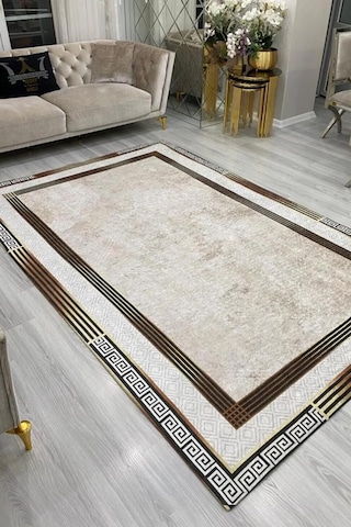 Modern Desenlerde Kadife Dokulu Lastikli Kaymaz Sünger Tabanlı Halı Örtüsü Beej Kahve 300 400 Bej