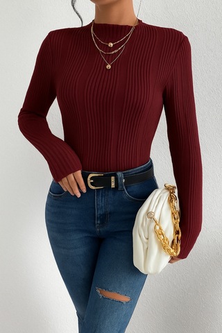 Fashion's Kadın Elastanlı Mendil Ovarlok Yuvarlak Yaka Uzun Kollu Bluz Bordo