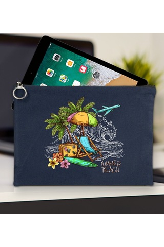 Bk Gift Yaz Temalı-9 Lacivert Tablet Çantası 30x21cm, Apple iPad Uyumlu Çantası, Baskılı Tablet Kılıfı