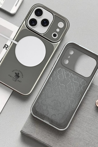 Santa Barbara Polo Racquet Club Apple Uyumlu iPhone 17 Pro Max Uyumlu Kılıf Manyetik Şarj Destekleyen İçi Süet Lucas Deri Kapak Gri
