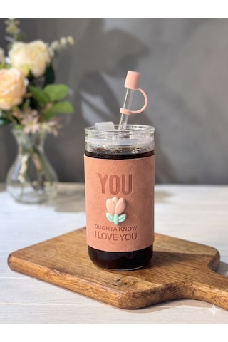 Minnoş 350ml Cam Pipetli Bardak Kapaklı Süet Kılıflı Soğuk Kahve Smoothie Sunum Bardağı C