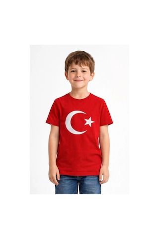 Erkek Çocuk Tişört Bisiklet Yaka Ay Yıldız Bayrak Baskılı T-shirt - Kırmızı Çok Renkli
