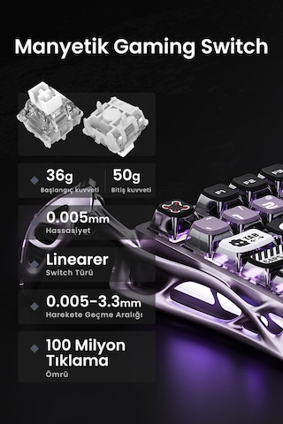 Gravastar Mercury V75 Pro He Hall Effect Manyetik Switch Gaming Klavye, Hot-swappable, Rapid Trigger