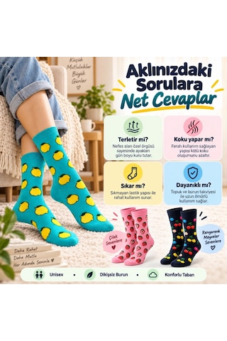 Storeşahin Kadın Ve Erkek Çorap Meyve Desenli Renkli 3'lü Set Uzun Soket Günlük Rahat Çorap Seti Shn0720 Çok Renkli
