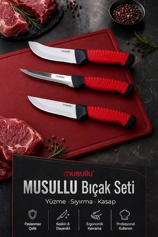 Musullu 3'lü Profesyonel Kasap Bıçak Seti Siyah - Kırmızı