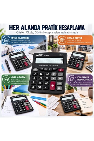 Hesap Makinesi, 12 Haneli, Büyük Lcd Ekranlı, Pil Destekli, Otomatik Kapanmalı, Masaüstü, Ofis, Muhasebe, Okul Hesap Makinesi Orta Boy Diğer