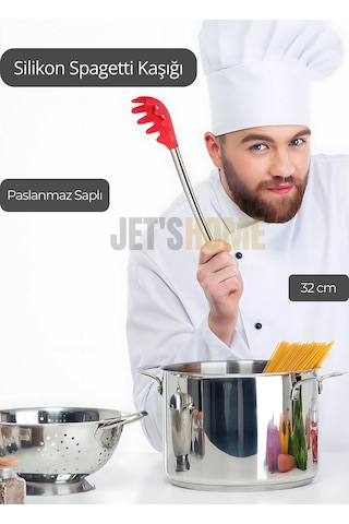 Silikon Spagetti Kaşığı Paslanmaz Saplı Kırmızı 32 Cm Kırmızı