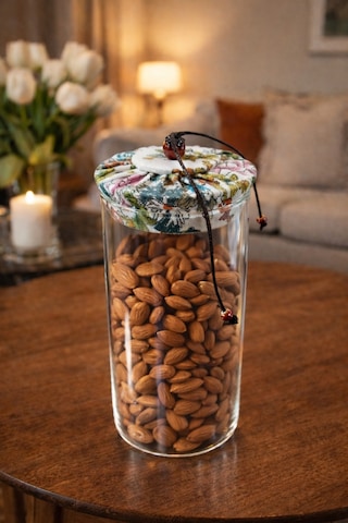 Makri Home 800 Ml Borosilikat Cam Hava Geçirmez Beyaz Kumaş Kaplama Bambu Kapaklı Kavanoz, Çap: 8 Cm, H: 21 Cm Beyaz