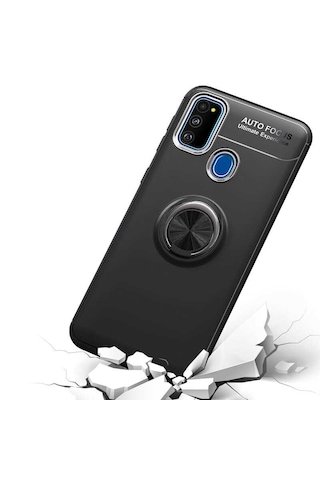 Samsung Galaxy Uyumlu M21 Kilif Yüzüklü Tam Korumali Silikon Kapak Siyah