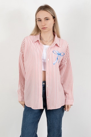 Giysa Kadın Fiyonk Baskılı Oversize Çizgili Gömlek Kırmızı Beyaz - 71567 Kırmızı