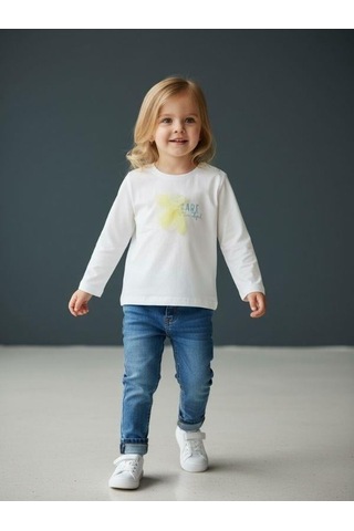 Zekids Kız Bebek Pamuklu Çiçek İşlemeli Yazı Baskılı İnce Uzun Kollu T-shirt-16553 Çok Renkli