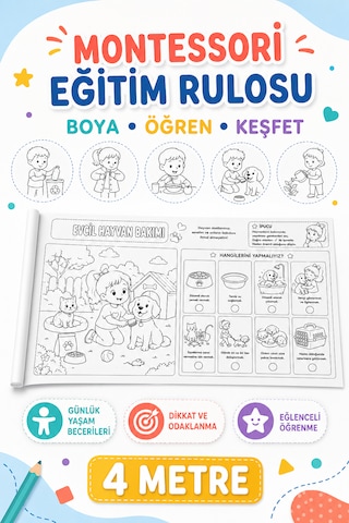 Haydi Dekor Montessori Eğitimi Rulosu 4 Metre Çocuklar Için Boyama Ve Etkinlik Rulosu Günlük Yaşam Becerileri, Dikkat, Sıralama Ve Doğru Seçim Çalışmaları 1 Adet